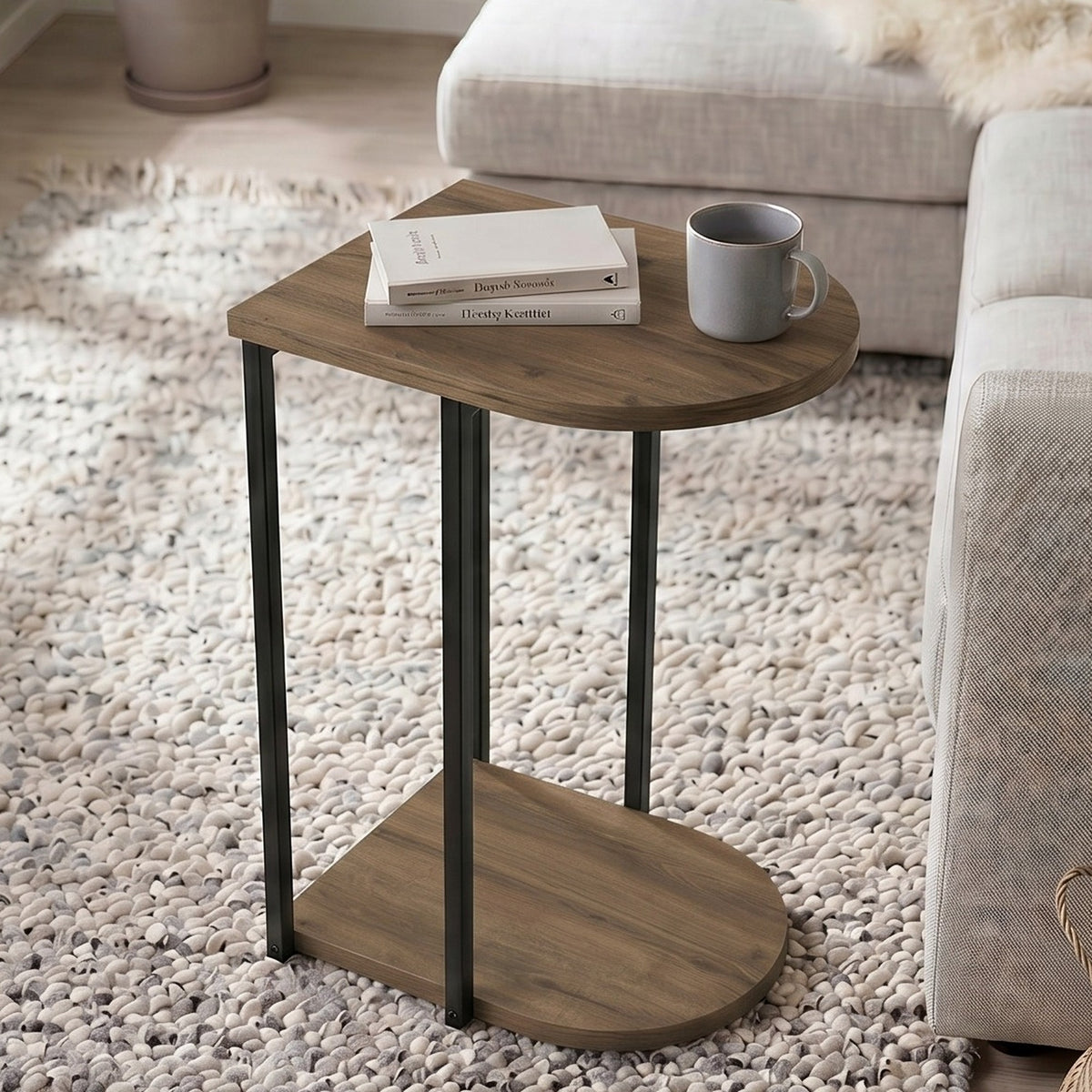 Yrsel 42cm Half-Round Side Table with Lower Shelf — Dark Oak Effect