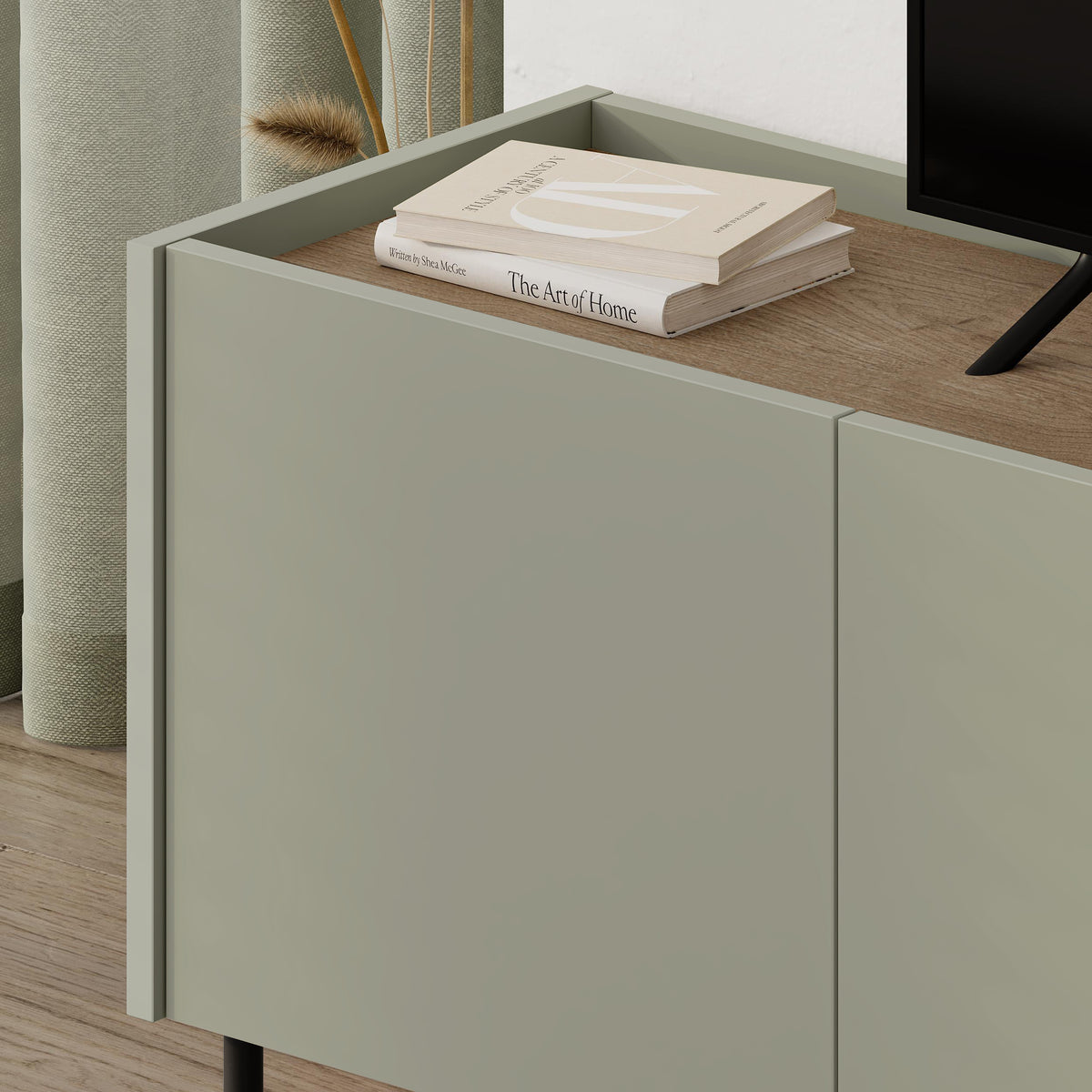 Eskor 140cm TV Stand with 3 Soft-Close Doors & 5 Shelves — Ash Green, Natural Oak