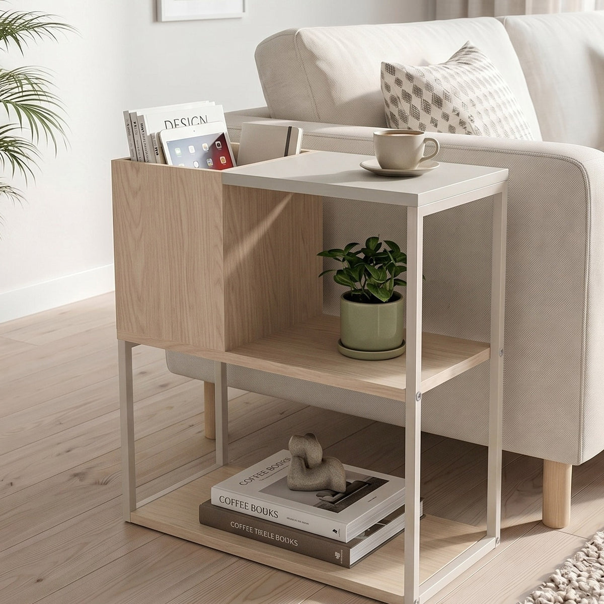 Hasvo 55 cm Multi-Tier Side Table with Cube Storage — Sonoma Oak