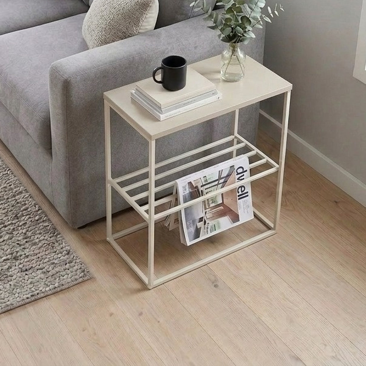 Pemby 55cm Slim End Table with Metal Magazine Rack — Sandstone