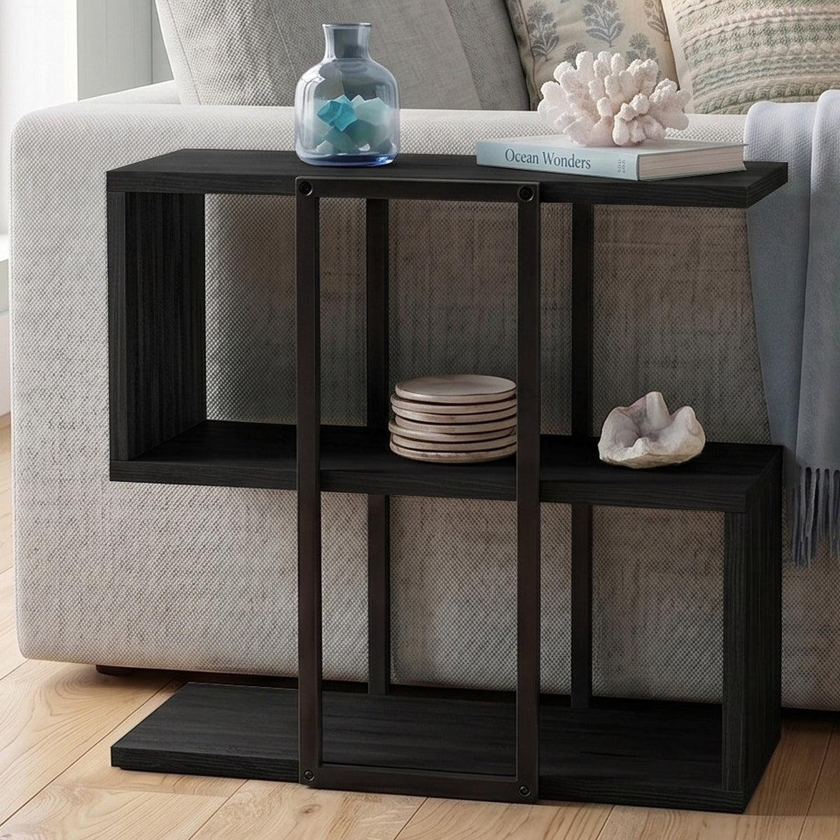 Grelle 56 cm Two-Tier Side Table with Metal Frame — Black Wood