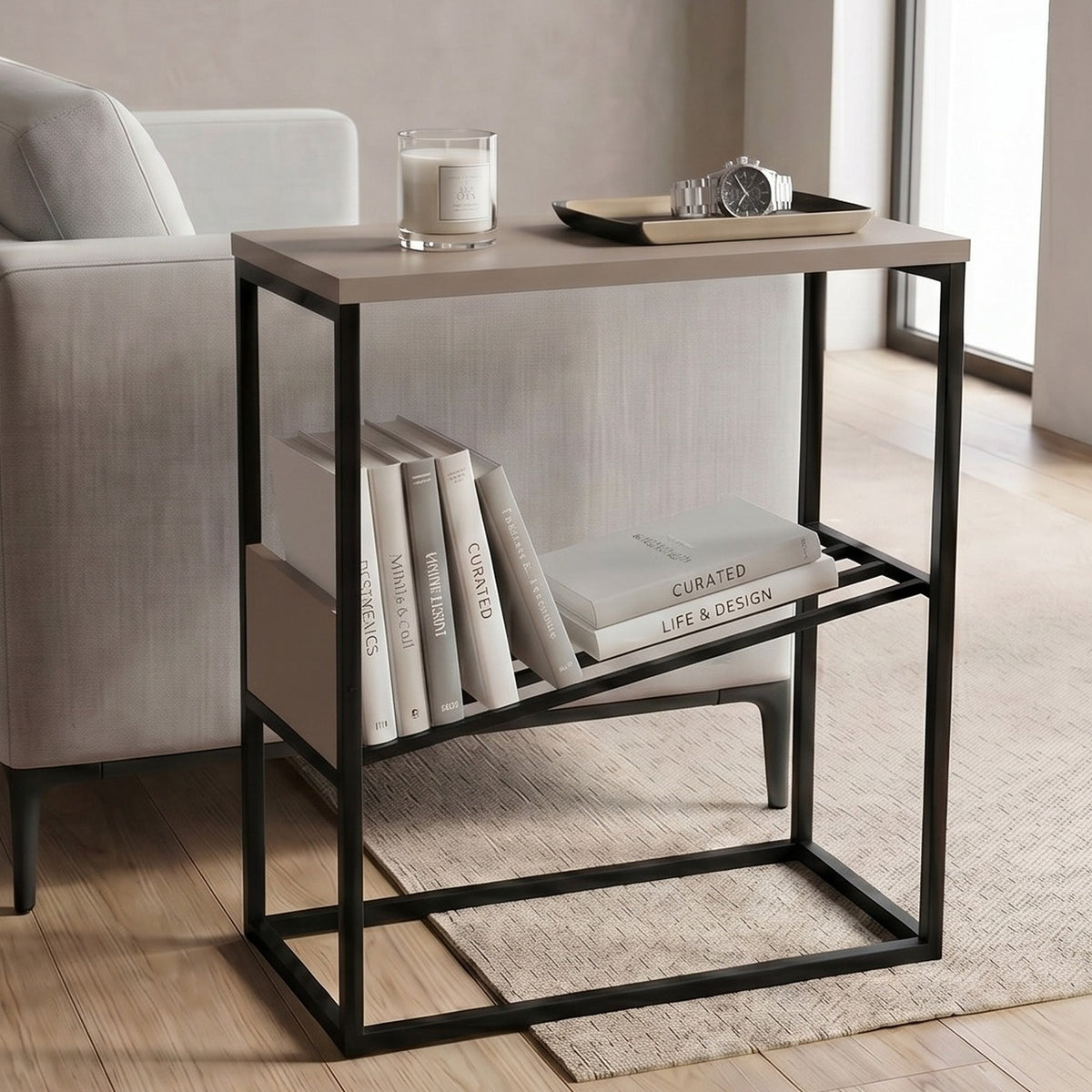 Rimble 55cm End Table with Angled Book Rack — Light Mocha