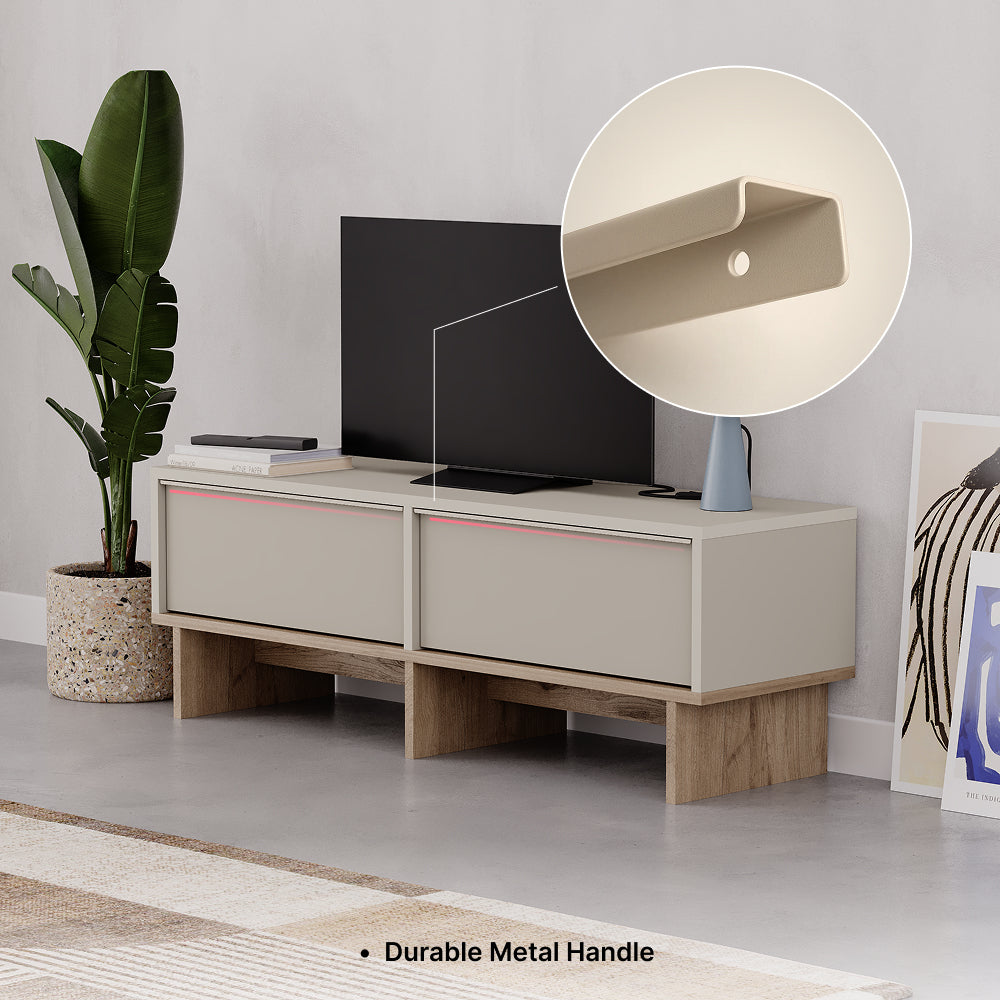 Eldro 118cm TV Stand with 2 Soft-Close Drop-Down Doors — Sandstone, Natural Oak