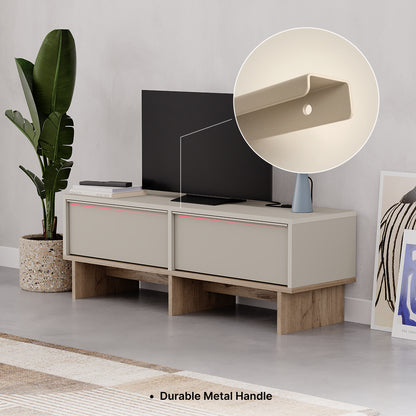 Eldro 118cm TV Stand with 2 Soft-Close Drop-Down Doors — Sandstone, Natural Oak