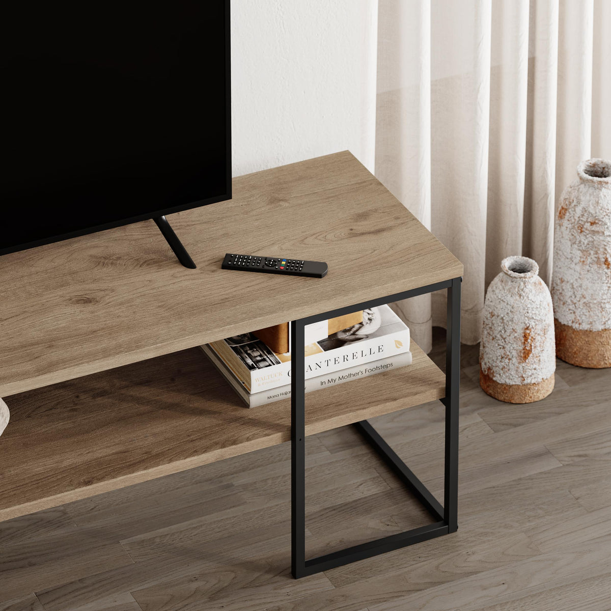 Quorne 140cm Open TV Unit with Black Metal Frame — Natural Oak