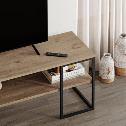 Quorne 140cm Open TV Unit with Black Metal Frame — Natural Oak