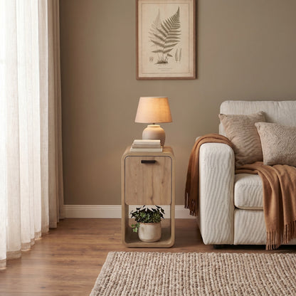Sendra 30 cm Side Table with Drop-Down Door Storage — Natural Oak