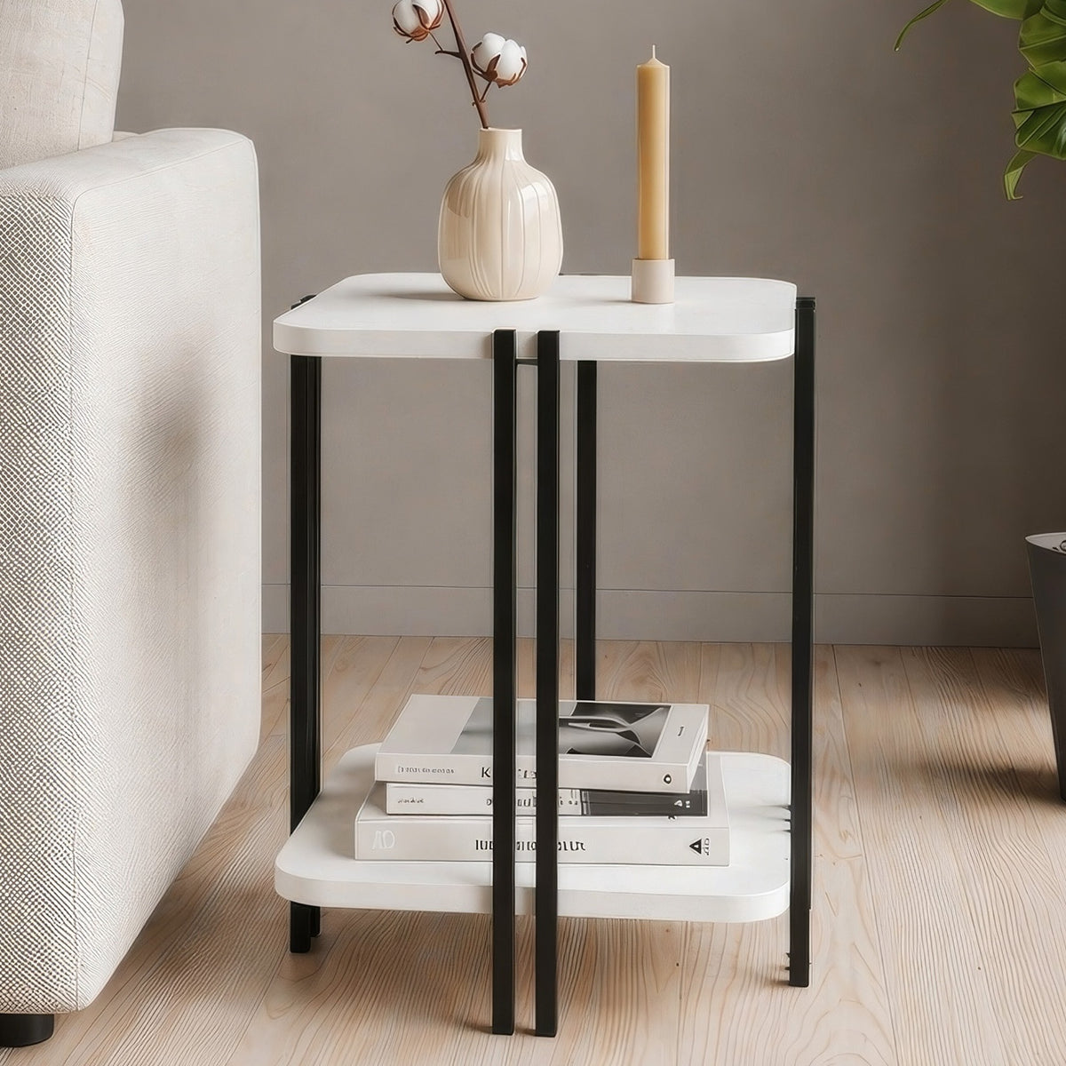 Zemlo 41cm Square 2-Tier Side Table with Metal Side Legs — White
