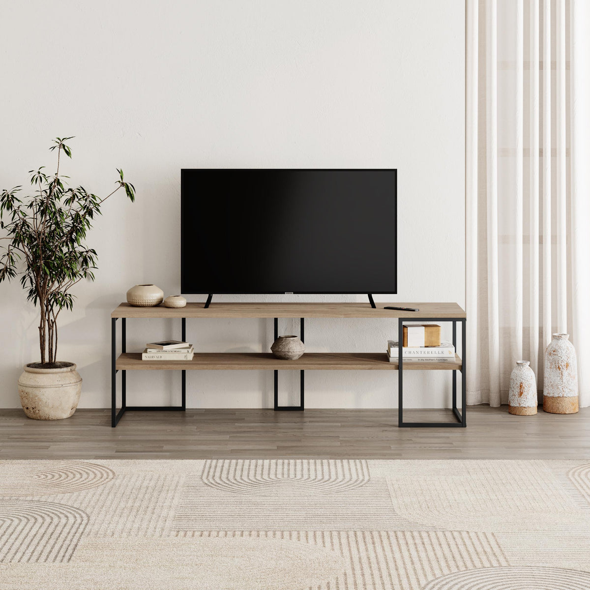 Quorne 140cm Open TV Unit with Black Metal Frame — Natural Oak
