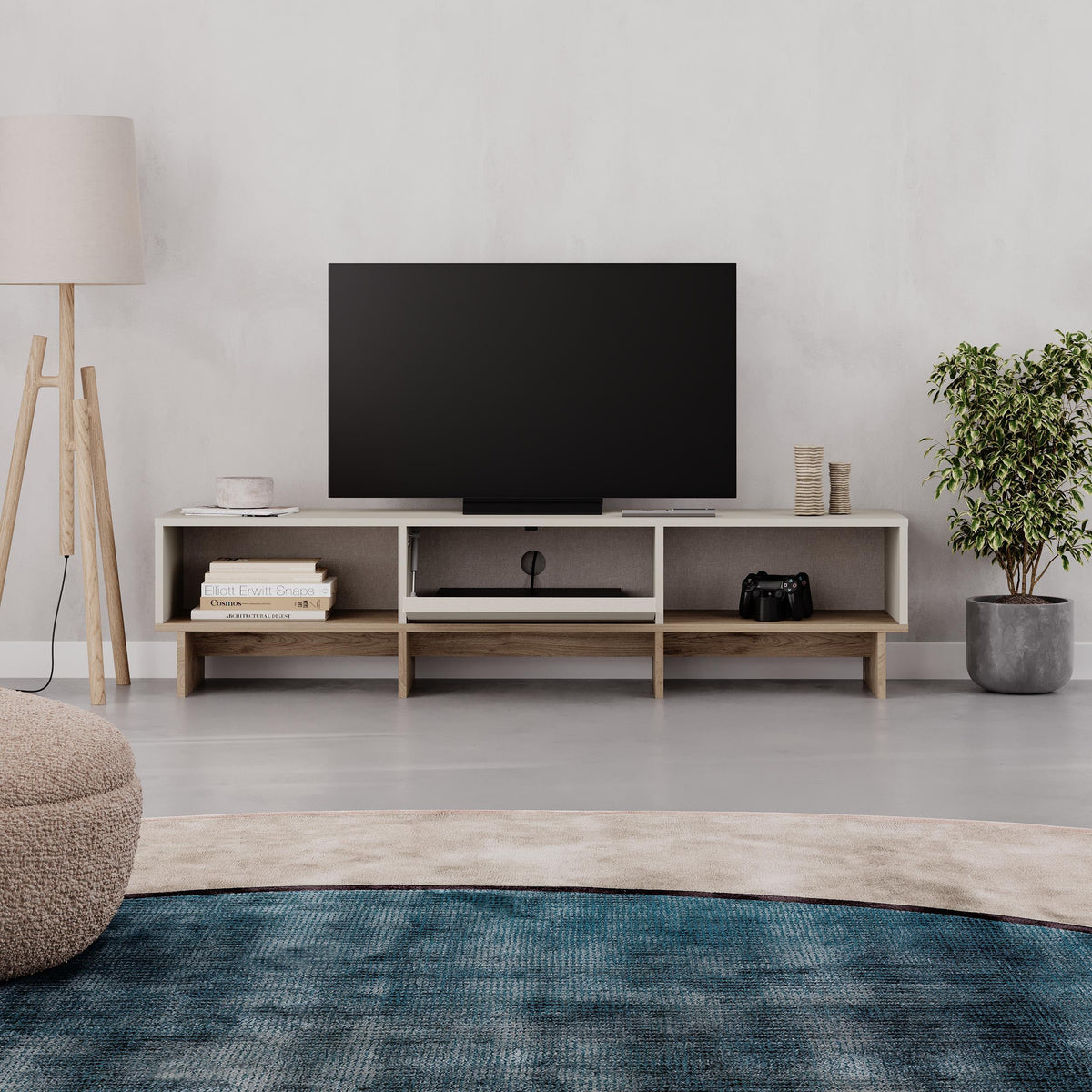 Trunvo 170cm TV Stand with Drop-Down Door and Open Shelves — Sandstone, Natural Oak