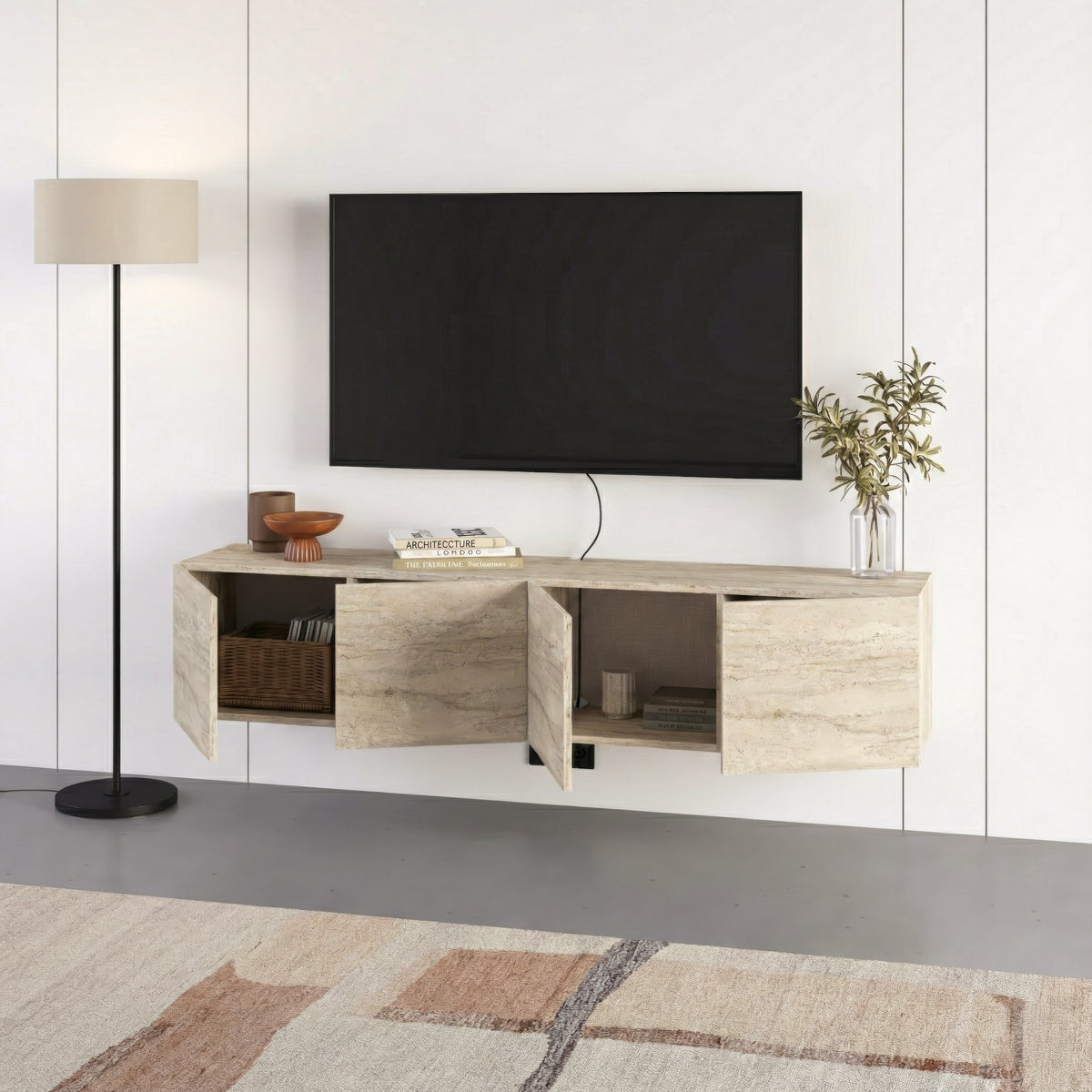 Hesmo 180cm Wall-Mounted TV Unit with 4 Soft-Close Doors — Travertine