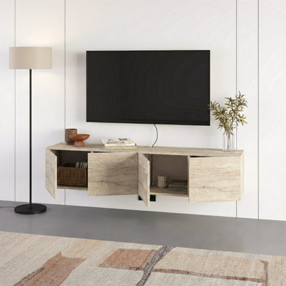 Hesmo 180cm Wall-Mounted TV Unit with 4 Soft-Close Doors — Travertine