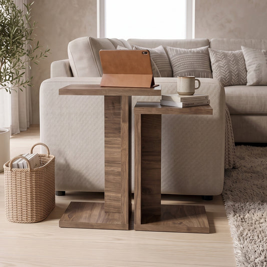 Jorsk C-Shaped Side Tables, Set of 2 (57 cm and 50 cm) — Natural Walnut Effect