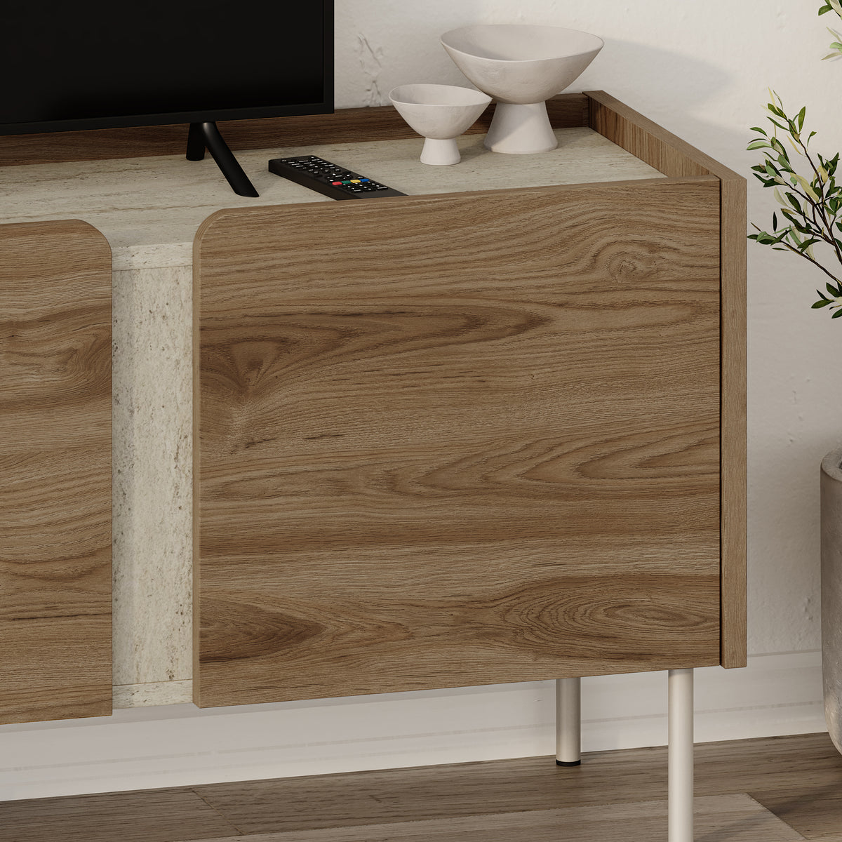Eskor 140cm TV Stand with 3 Soft-Close Doors & 5 Shelves — Travertine, Whiskey Oak