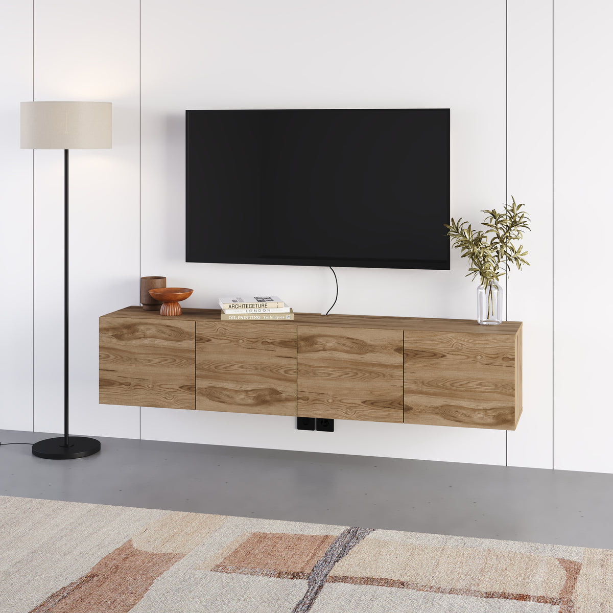 Hesmo 180cm Wall-Mounted TV Unit with 4 Soft-Close Doors — Whiskey Oak