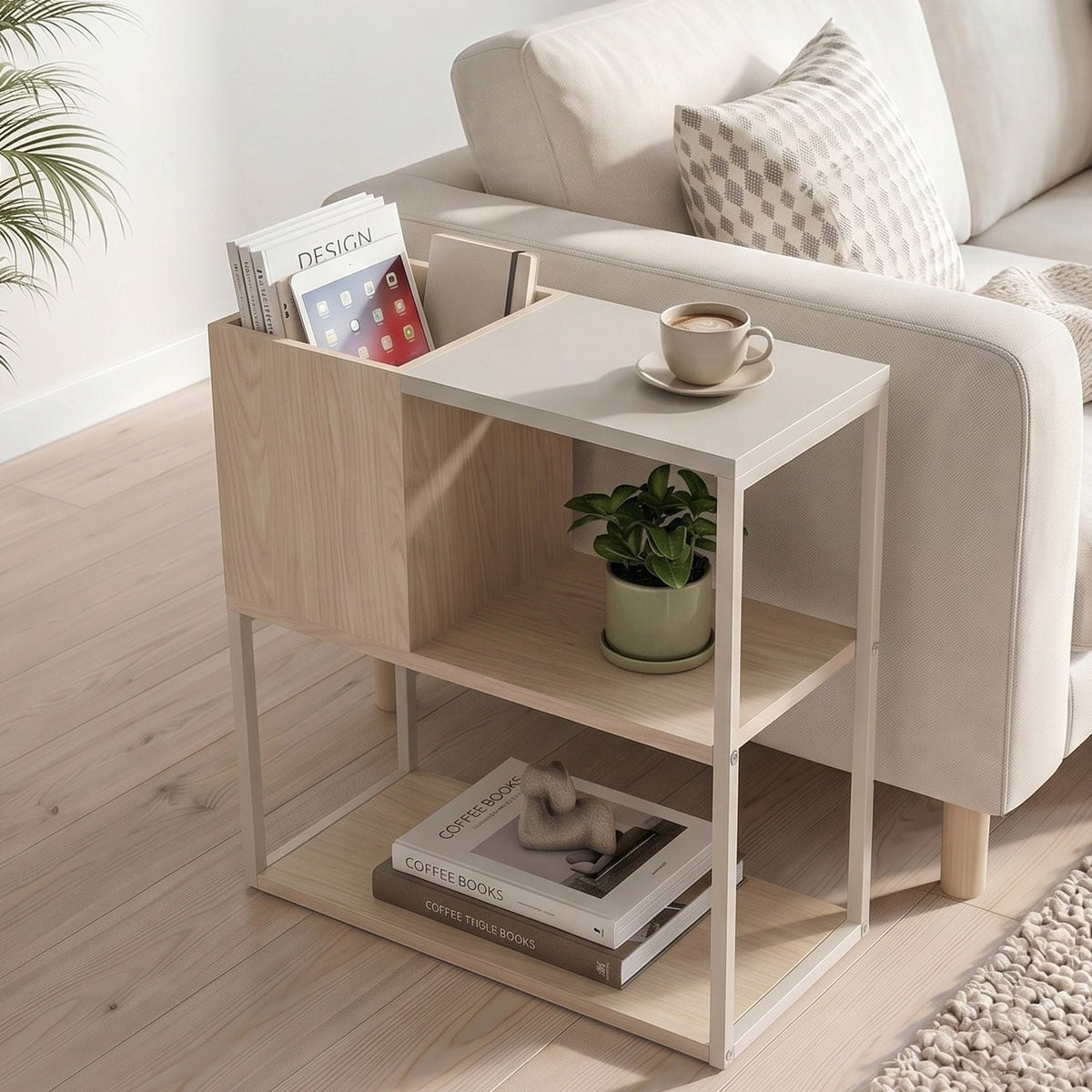 Hasvo 55 cm Multi-Tier Side Table with Cube Storage — Sonoma Oak