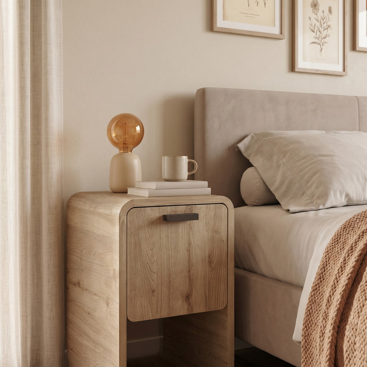Sendra 30 cm Side Table with Drop-Down Door Storage — Natural Oak