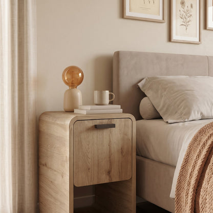 Sendra 30 cm Side Table with Drop-Down Door Storage — Natural Oak