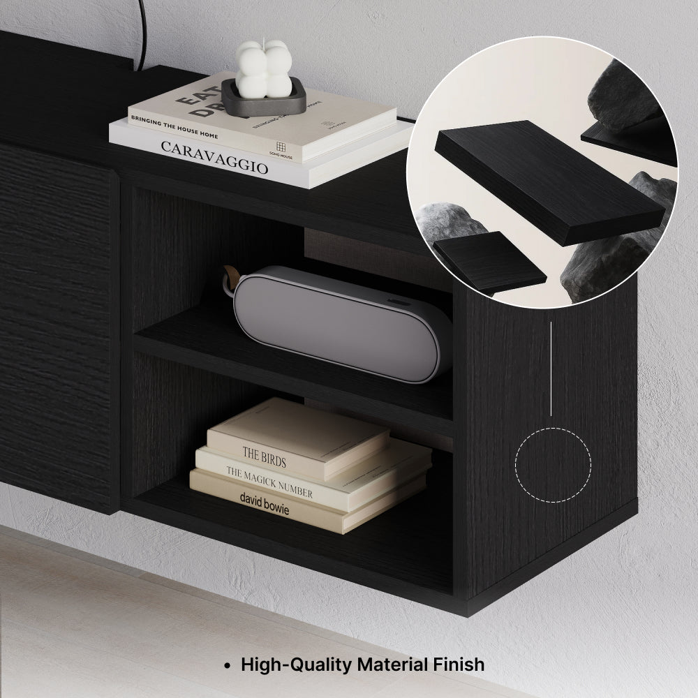 Gilvar 140cm Floating-Style TV Unit with 2 Soft-Close Doors — Black Wood