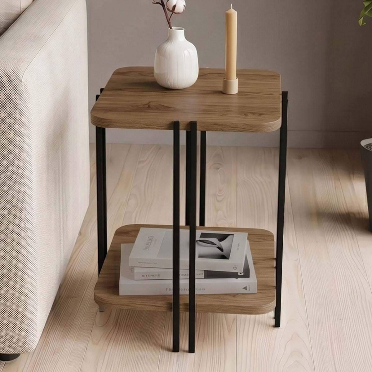 Zemlo 41cm Square 2-Tier Side Table with Metal Side Legs — Whiskey Oak