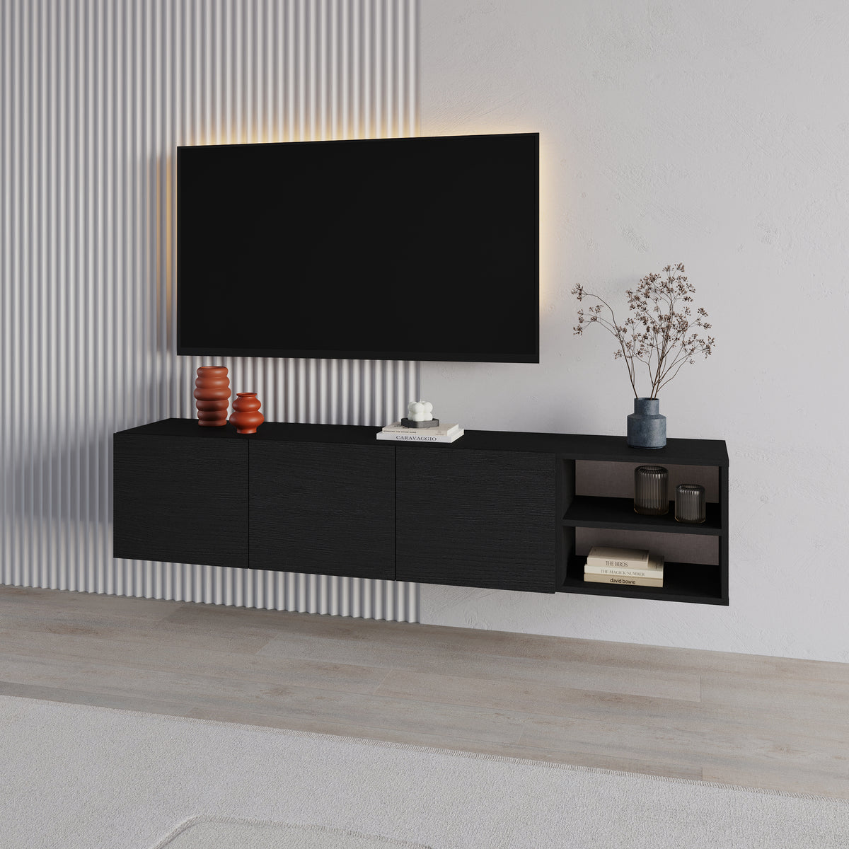 Dalsk 180cm Floating TV Unit with 3 Soft-Close Doors — Black Wood, image 1