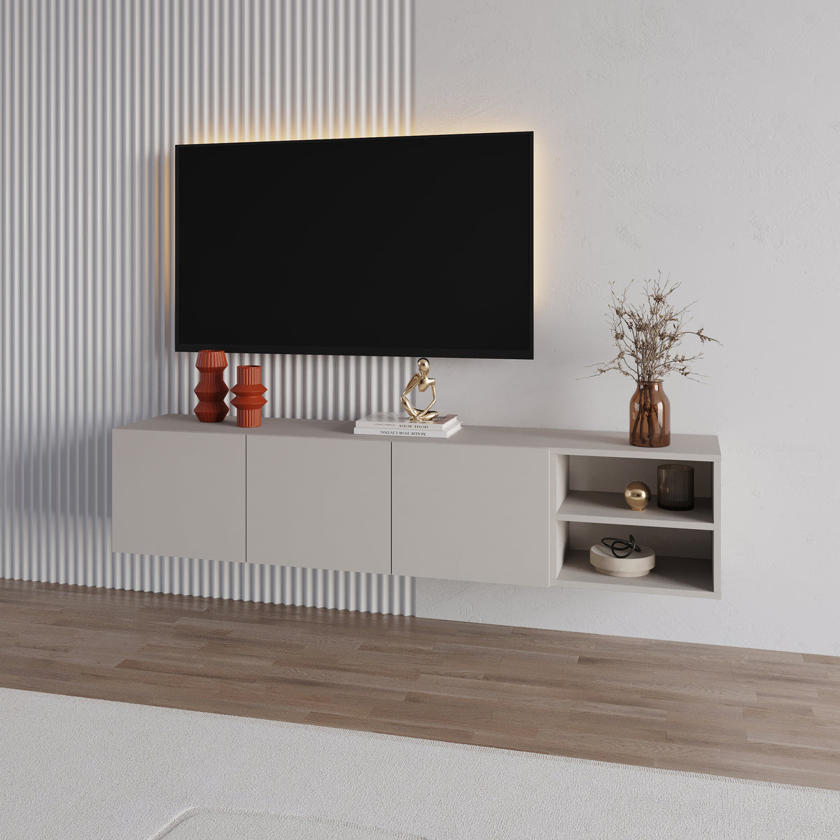 Dalsk 180cm Floating TV Unit with 3 Soft-Close Doors — Sandstone, image 1