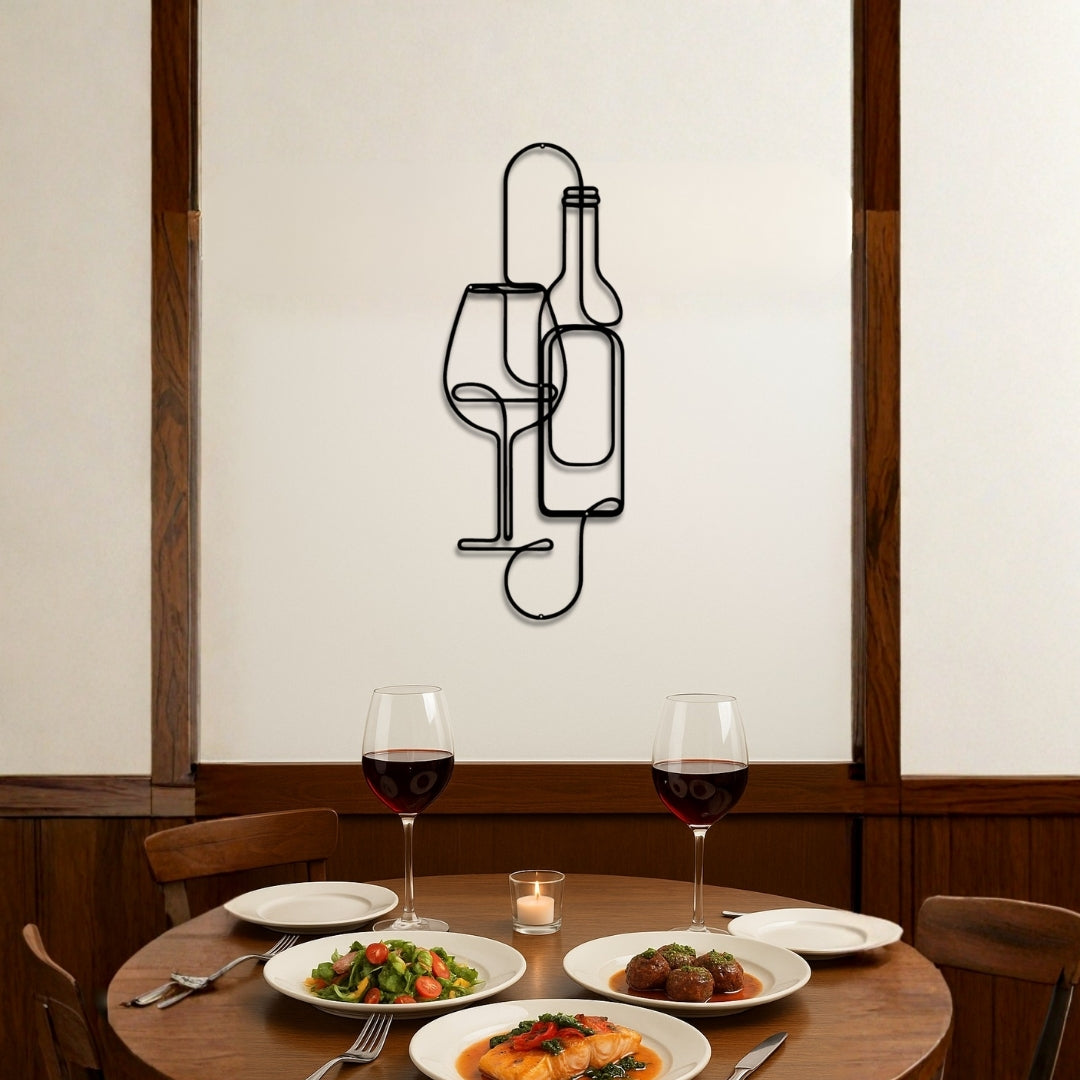 Wine & Glass Metal Wall Art – 3D Minimal Bottle and Glass Decor | 2 Size Options