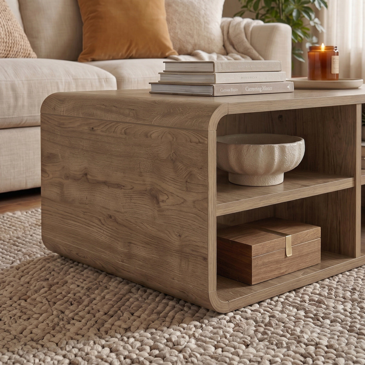 Bevund 80 cm Coffee Table with 4 Open Compartments — Natural Oak