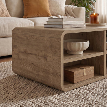 Bevund 80 cm Coffee Table with 4 Open Compartments — Natural Oak