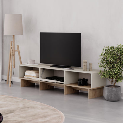 Trunvo 170cm TV Stand with Drop-Down Door and Open Shelves — Sandstone, Natural Oak