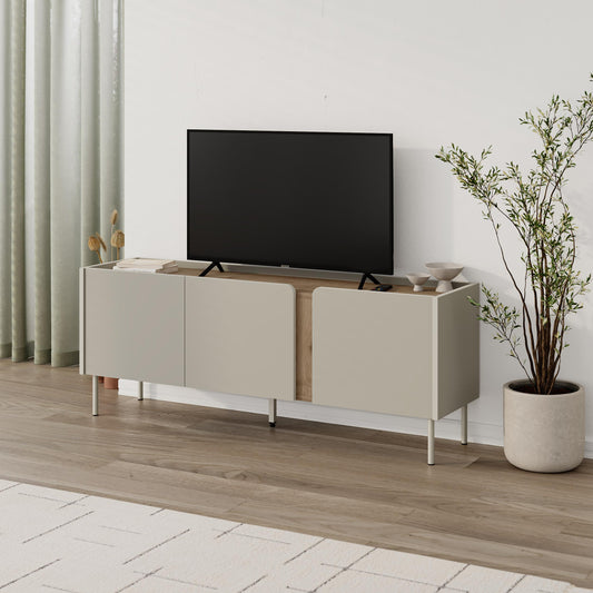 Eskor 140cm TV Stand with 3 Soft-Close Doors & 5 Shelves — Natural Oak, Sandstone