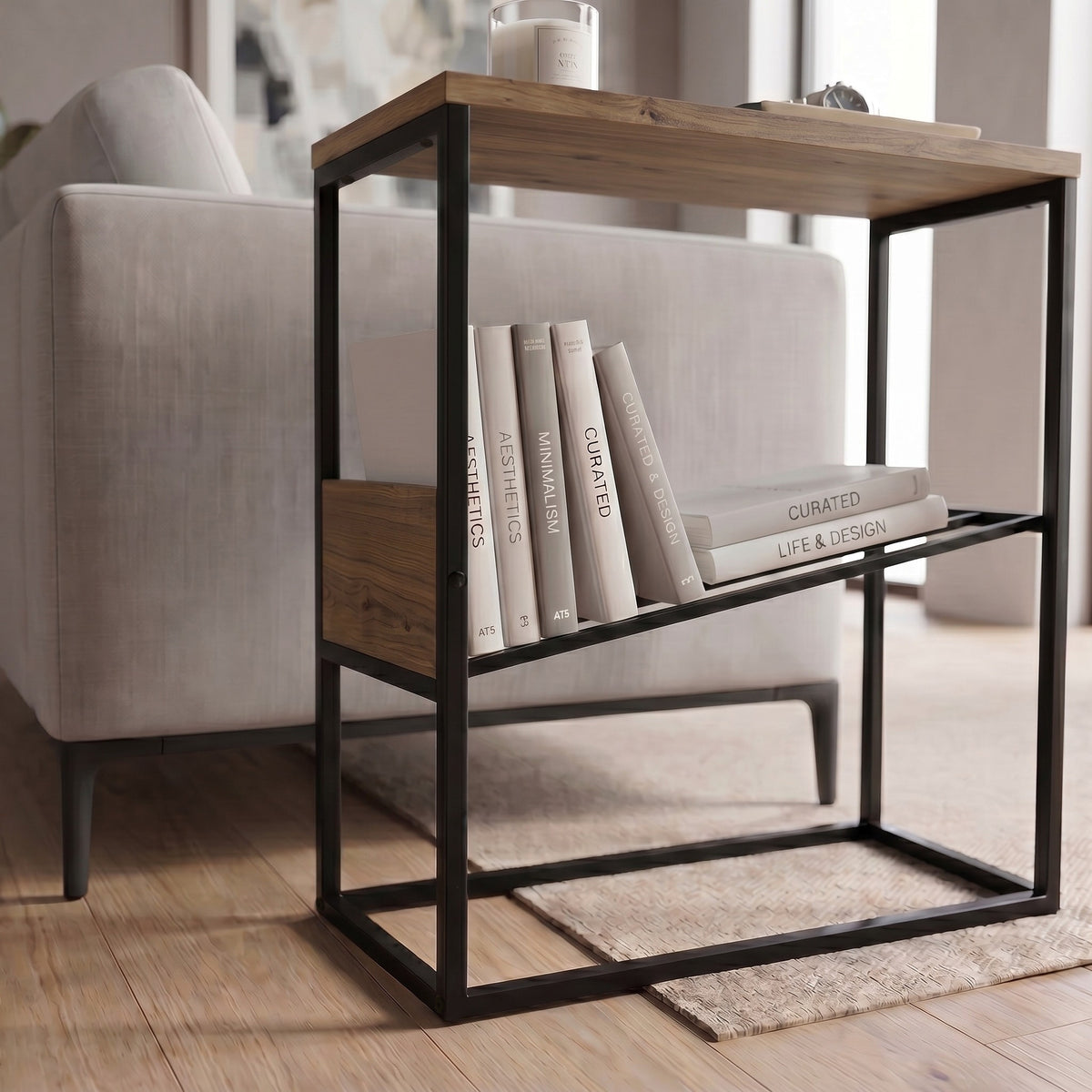 Rimble 55cm End Table with Angled Book Rack — Dark Oak Effect