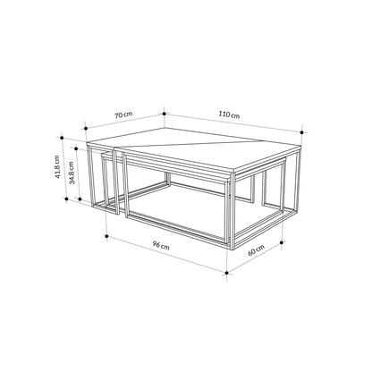 3-piece nesting coffee table set with geometric tops and metal frames, perfect for flexible and space-saving living room use.