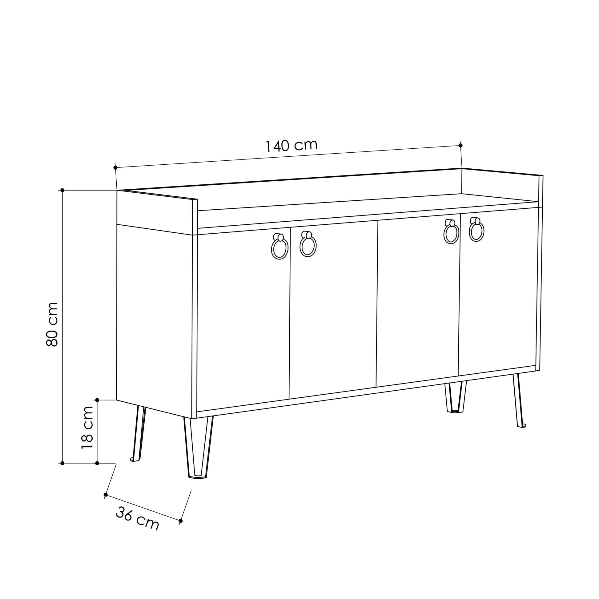 Freestanding multipurpose sideboard with ring handles and cabinet storage for hallway, dining room or kitchen use