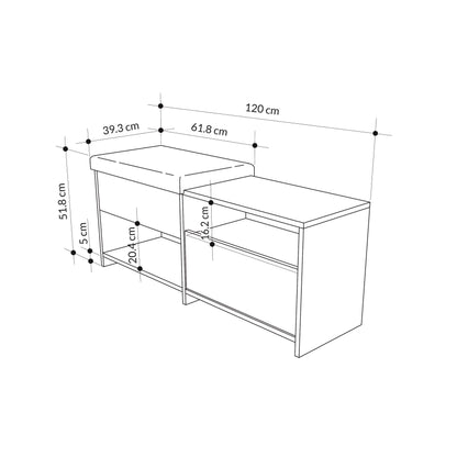 Compact hallway shoe bench with cushioned seat, open shelves and flap compartment, perfect for entryway storage.