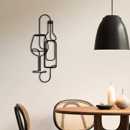 Wine & Glass Metal Wall Art – 3D Minimal Bottle and Glass Decor | 2 Size Options
