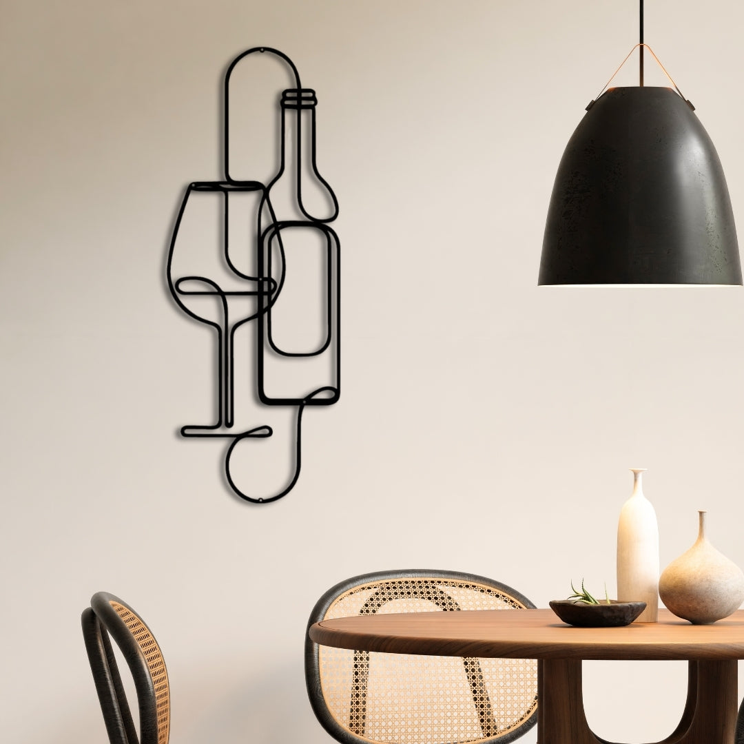 Wine & Glass Metal Wall Art – 3D Minimal Bottle and Glass Decor | 2 Size Options