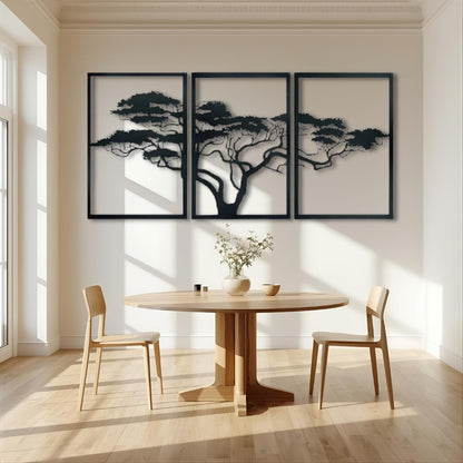 African Tree Metal Wall Art – 3 Panel Black Metal Wall Decor for Indoor & Outdoor Spaces