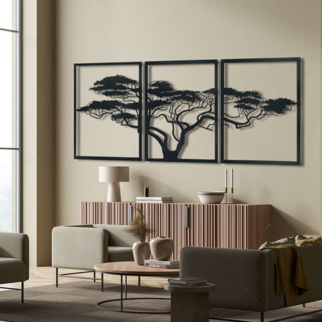 African Tree Metal Wall Art – 3 Panel Black Metal Wall Decor for Indoor & Outdoor Spaces