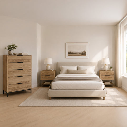 Drummel 3-Piece Bedroom Set with 127 cm Chest and 2 Bedside Tables — Whiskey Oak, image 1