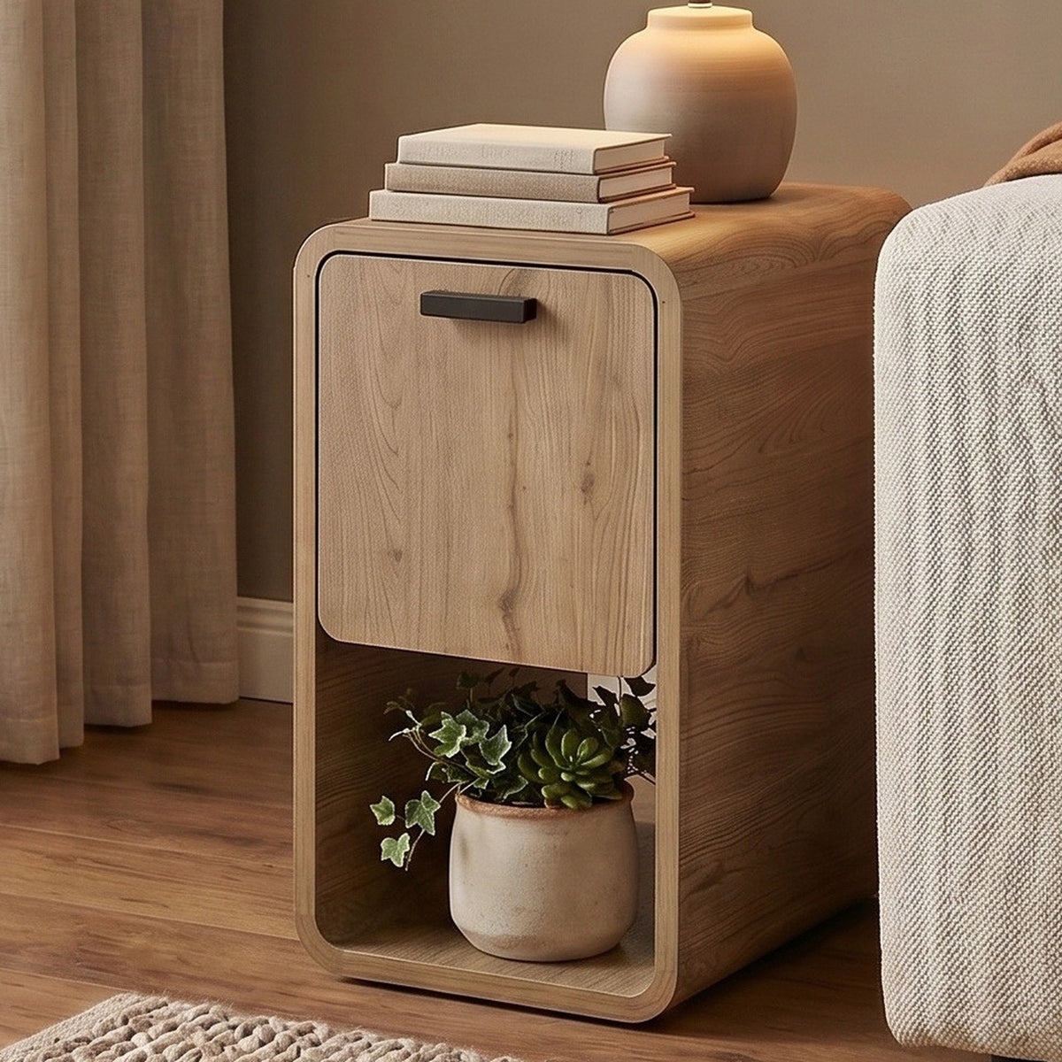 Sendra 30 cm Side Table with Drop-Down Door Storage — Natural Oak