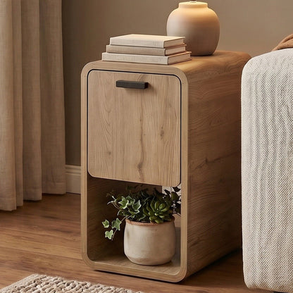 Sendra 30 cm Side Table with Drop-Down Door Storage — Natural Oak