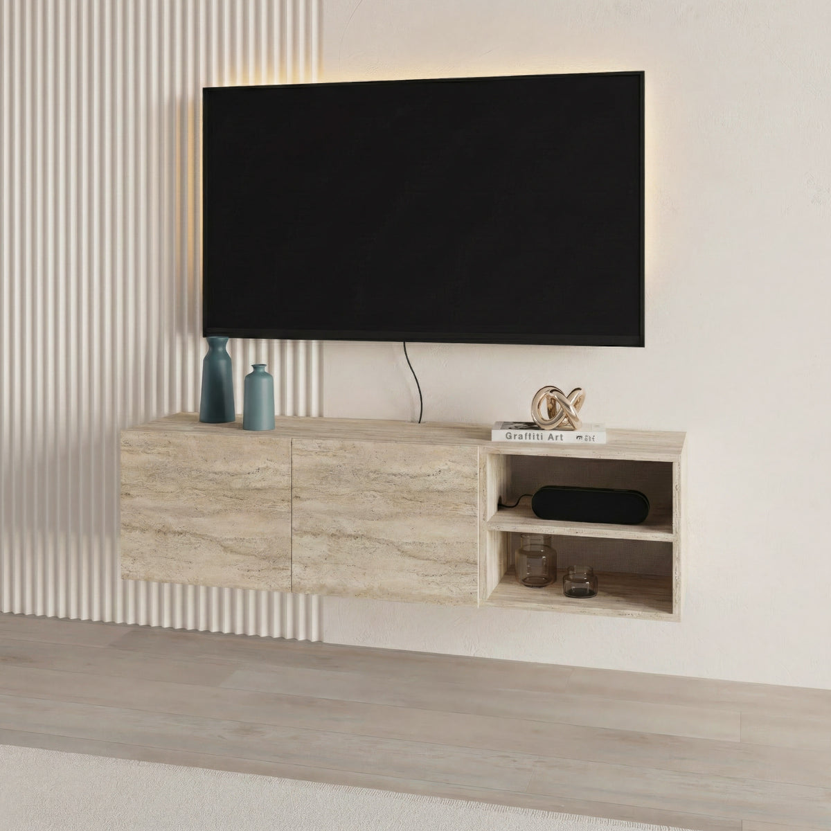 Gilvar 140cm Floating-Style TV Unit with 2 Soft-Close Doors — Travertine