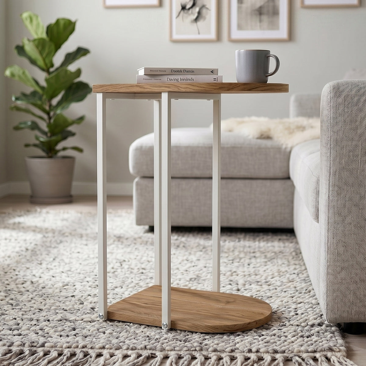 Yrsel 42cm Half-Round Side Table with Lower Shelf — Whiskey Oak