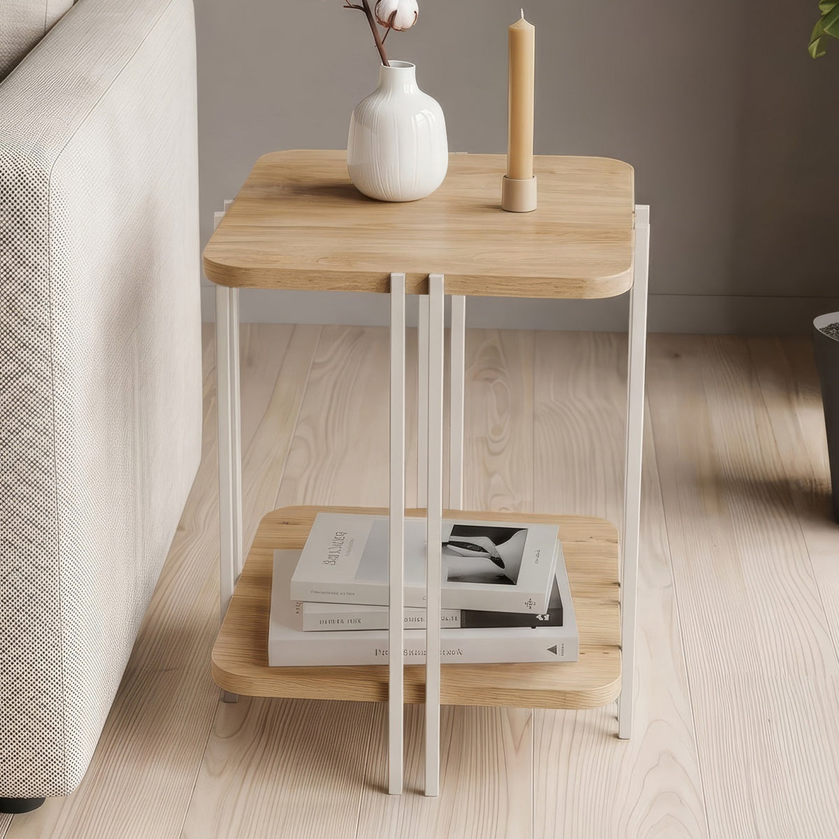 Zemlo 41cm Square 2-Tier Side Table with Metal Side Legs — Oak