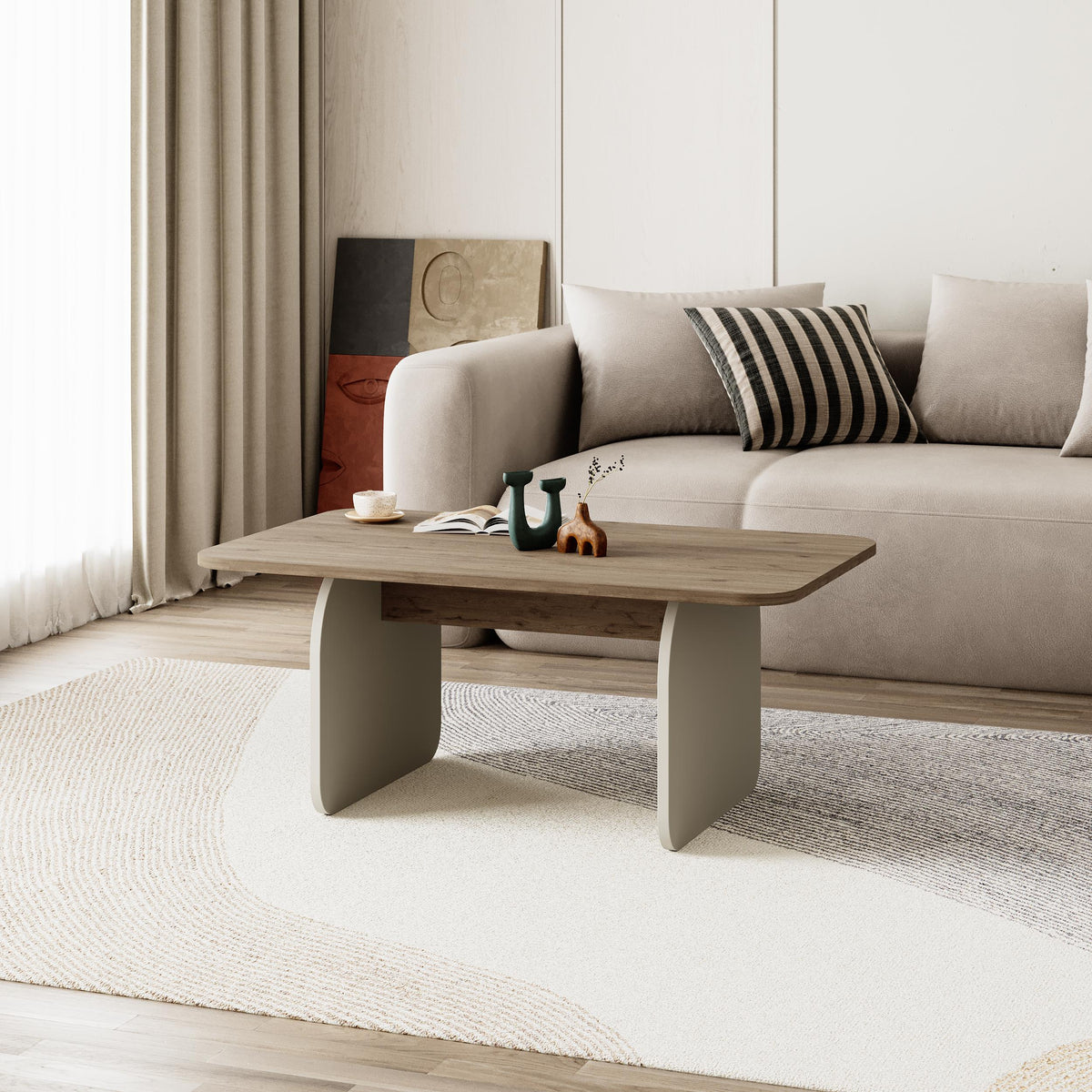 Ebbro 100cm Japandi Coffee Table with Floating Panel Legs — Natural Oak, Sandstone, image 1