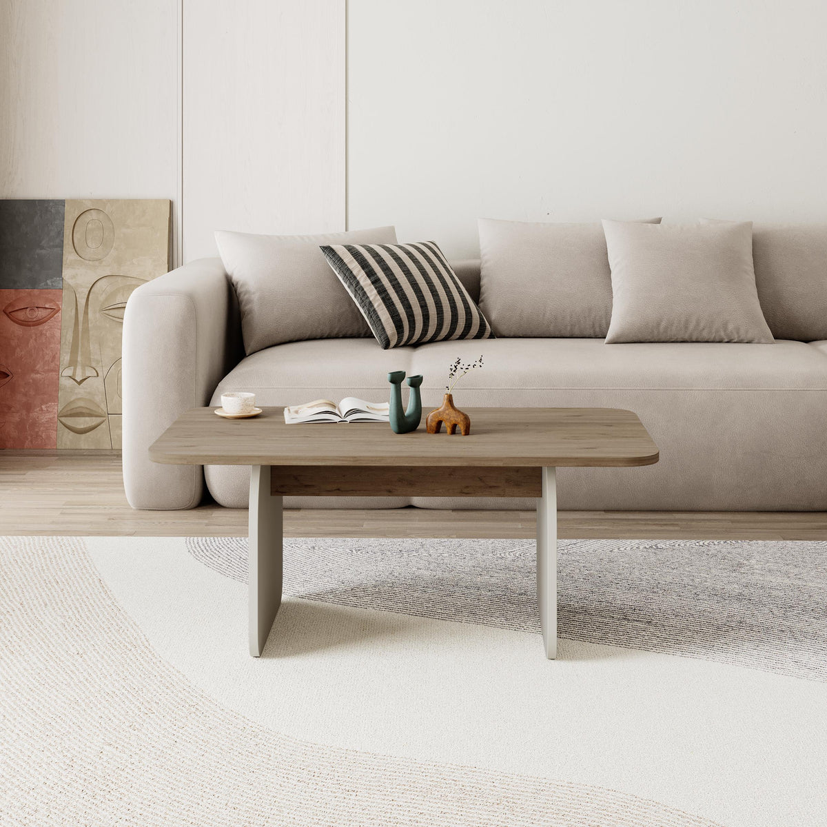 Ebbro 100cm Japandi Coffee Table with Floating Panel Legs — Natural Oak, Sandstone, image 3