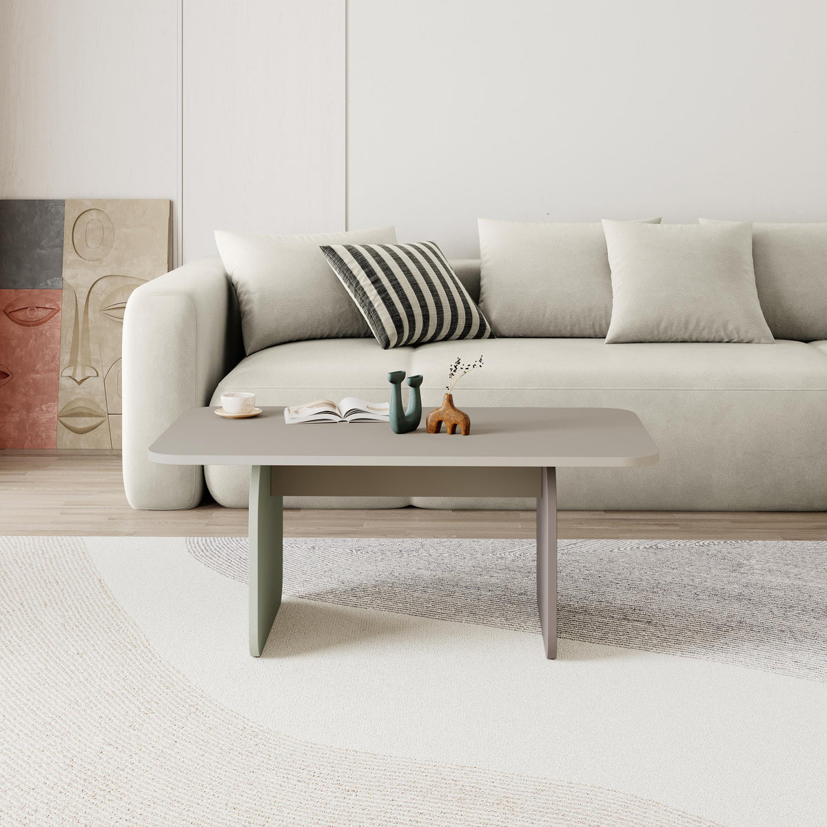 Ebbro 100cm Japandi Coffee Table with Floating Panel Legs — Sandstone, Mocha Grey, Ash Green, image 3