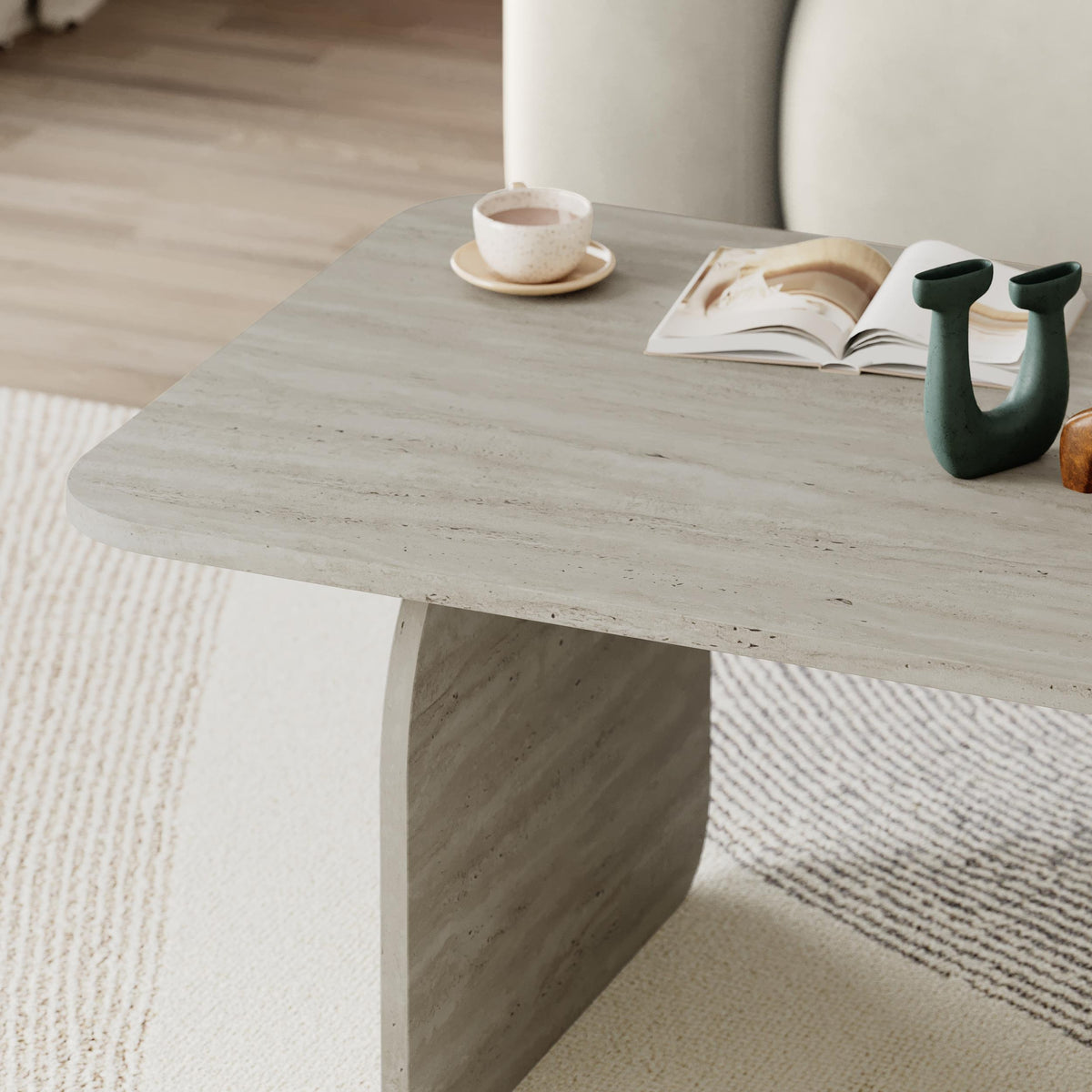 Ebbro 100cm Japandi Coffee Table with Floating Panel Legs — Travertine, image 2
