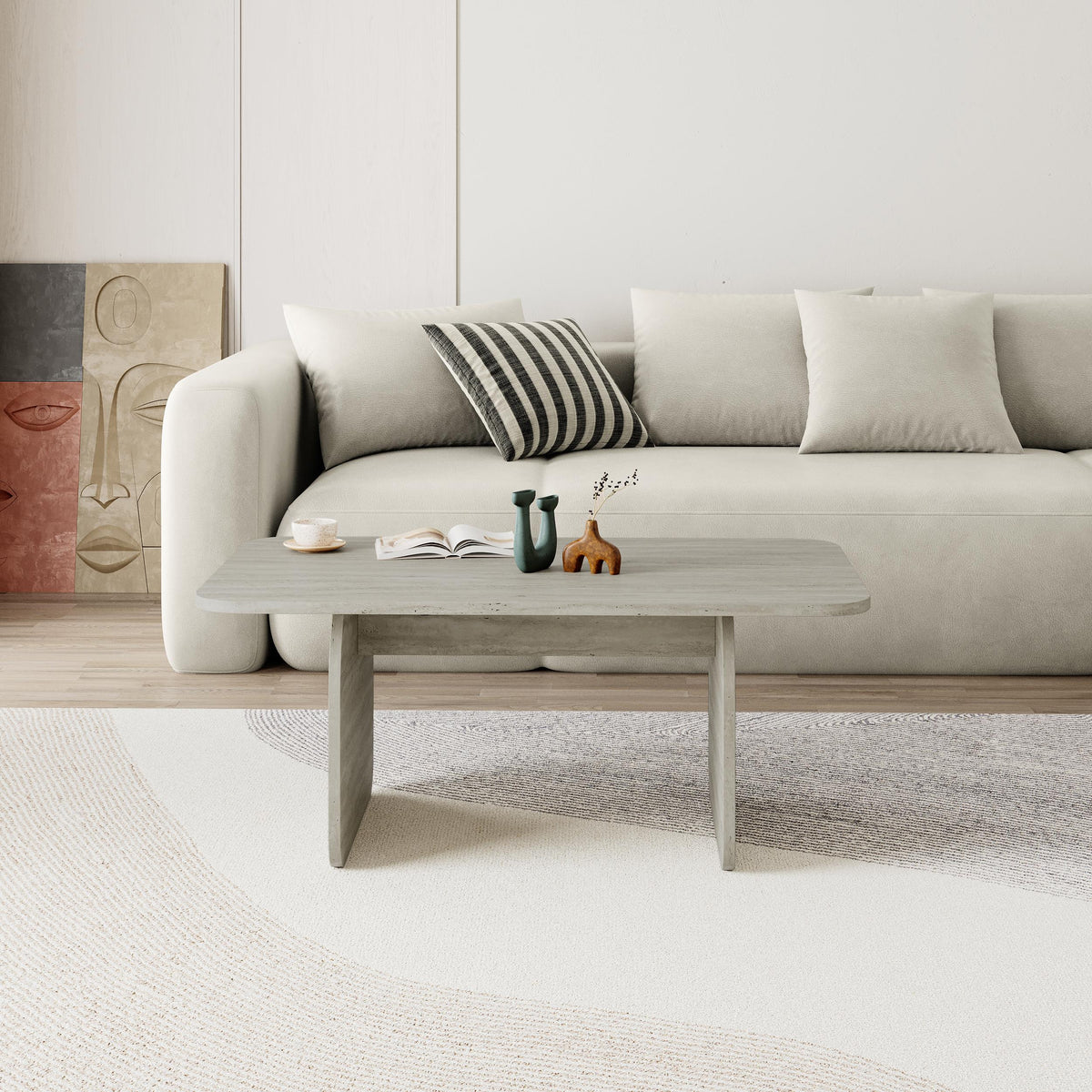 Ebbro 100cm Japandi Coffee Table with Floating Panel Legs — Travertine, image 3